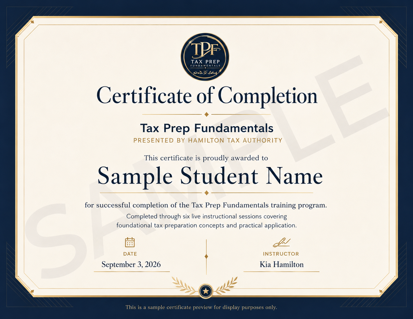 Sample Tax Prep Fundamentals Certificate of Completion